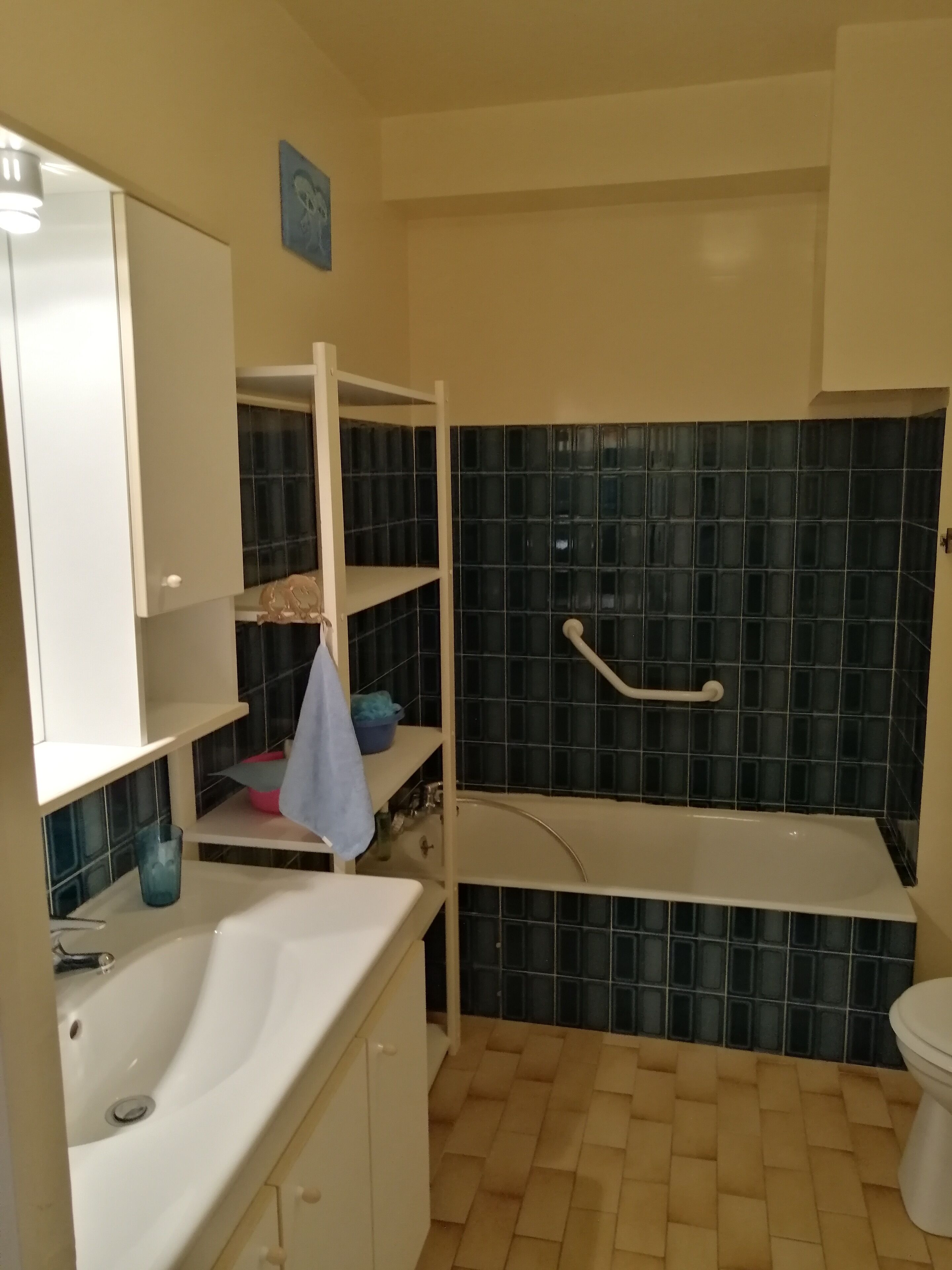 Une salle de bain avec un lavabo blanc, un miroir, une étagère avec des articles de toilette, une baignoire et des toilettes.