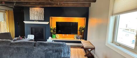 Smart TV, fireplace, video games, DVD player