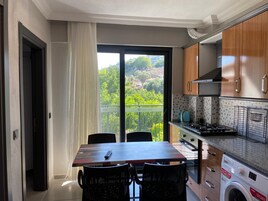 Deluxe Apartment, Balcony, Pool View | Private kitchen | Full-size fridge, microwave, oven, stovetop