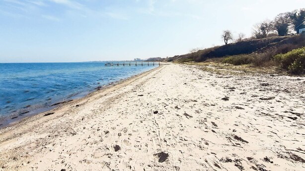 Ein Strand mit blauem Himmel, einer Holzstege, der sich ins Wasser erstreckt, und vereinzelter Vegetation rechts.