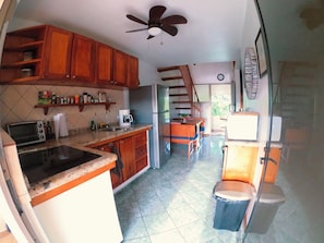 Fridge, microwave, stovetop, coffee/tea maker