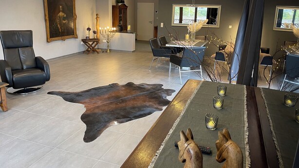 A modern living room with a leather chair, a dining table with chairs, a large painting, and a wooden sculpture. - Vacation home Mosel-Wohnen I in Ferienland Cochem -balcony, sauna, garage (Bruttig-Fankel)
