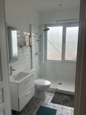 Secadora de cabello, toallas, jabón, papel de baño 