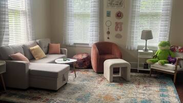 Smart TV, fireplace, books