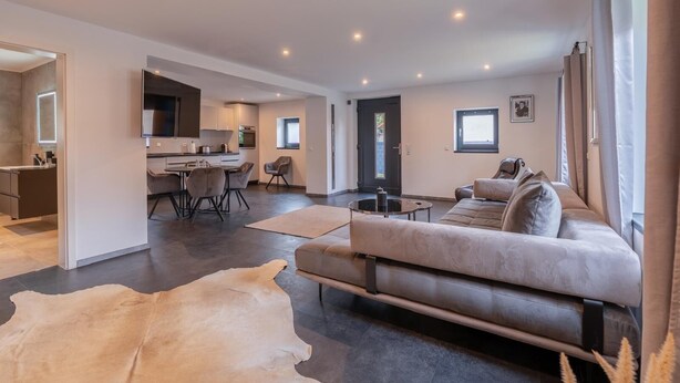 A spacious living area with a sofa, a dining table, and a kitchen in the background.