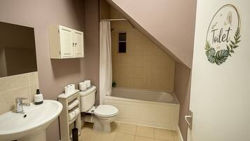 Hair dryer, towels, soap, shampoo