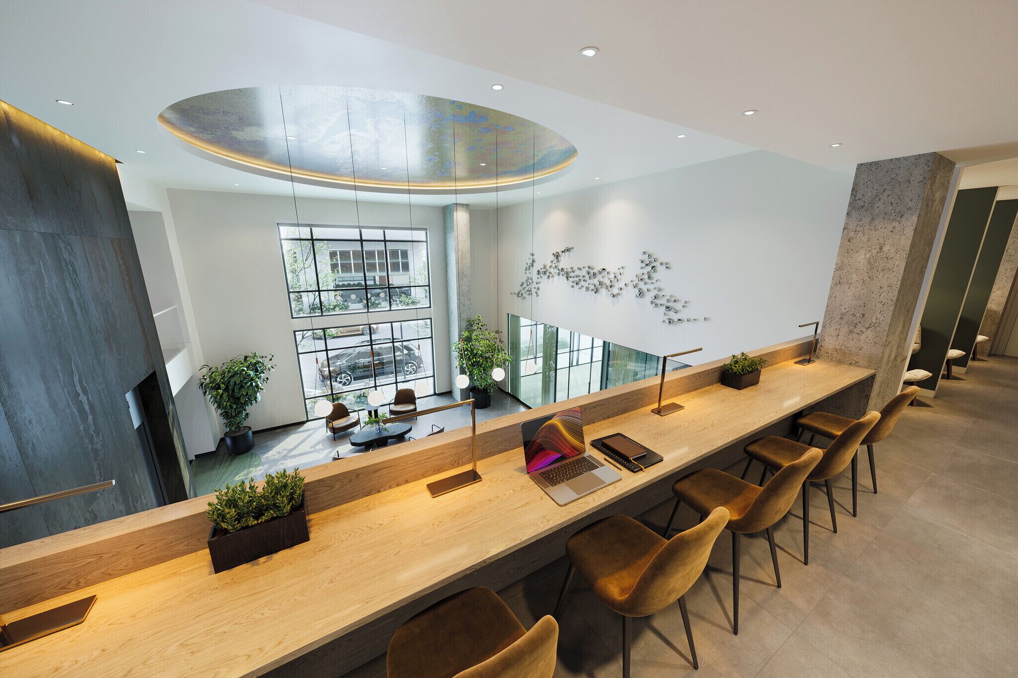 A modern bar area with a long counter, several chairs, and a large window providing a view of the outside.