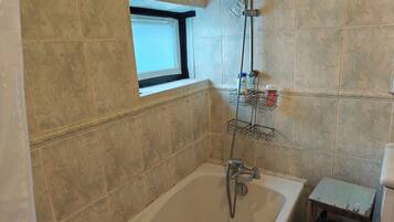 Shower, towels, soap, toilet paper