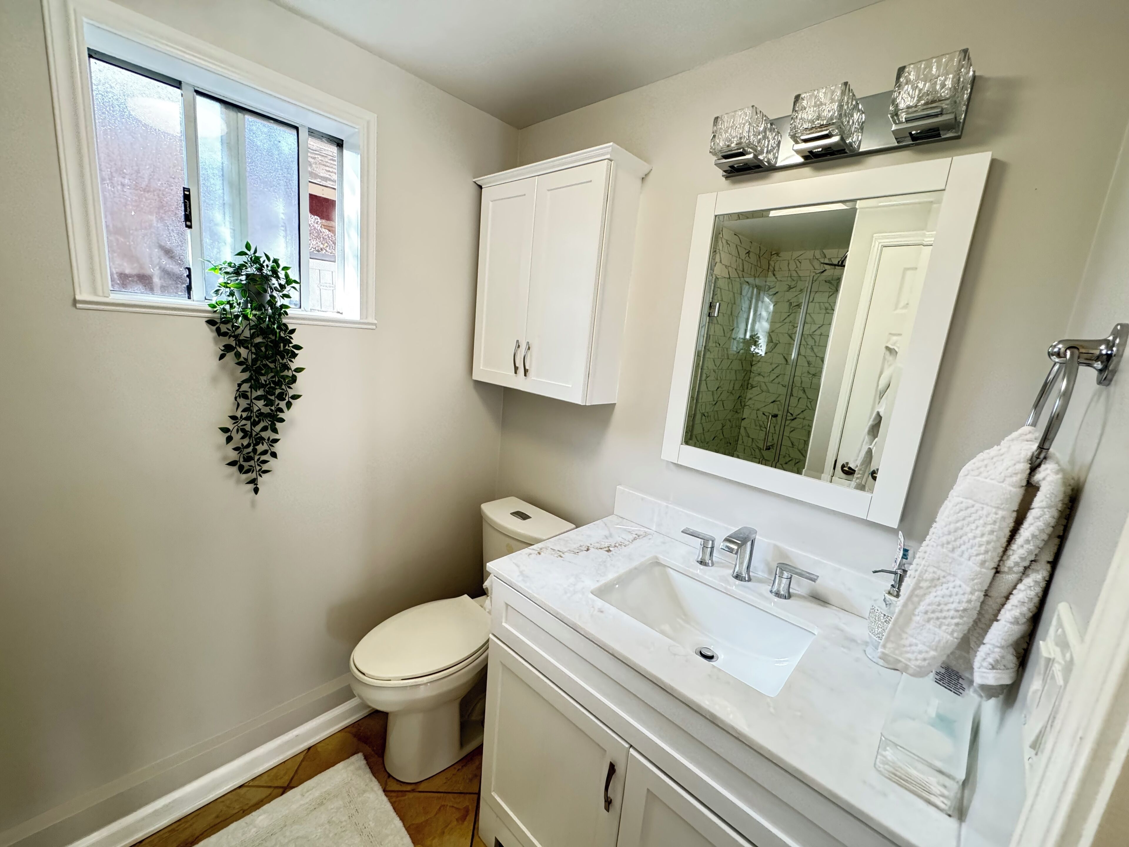 A bathroom with a toilet, sink, and cabinets. There is a window with a plant hanging from it.