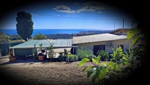 A rural house with a metal roof, surrounded by potted plants and a view of the sea.
