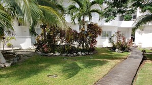 Ein gepflegter Garten mit einem hölzernen Pfad, umgeben von verschiedenen Pflanzen und einem weißen Gebäude im Hintergrund.