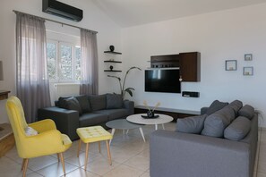 Smart TV, fireplace, ping pong, books