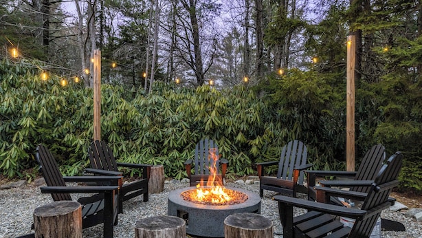 A fire pit surrounded by Adirondack chairs in a forested outdoor area.
