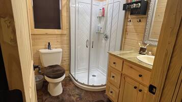 Shower, jetted tub, hair dryer, towels