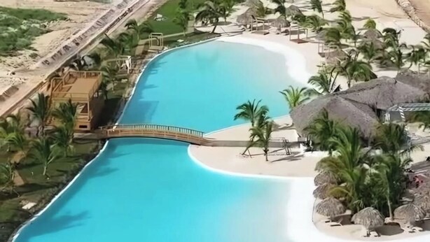 Une grande piscine avec un pont, entourée de palmiers et bordée d’une plage.