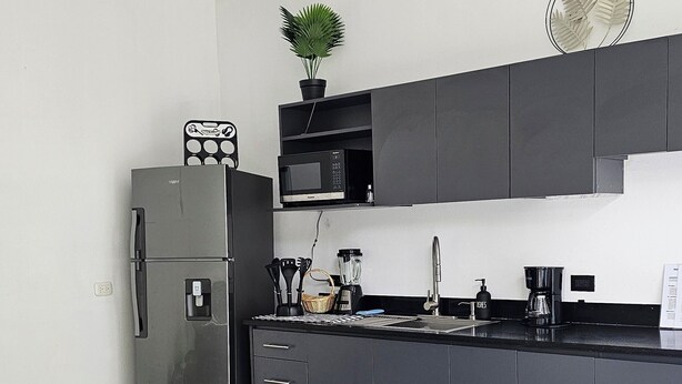 A modern kitchen with a refrigerator, microwave, and sink. There is a dining table with chairs and a potted plant on the counter. - Close to several beaches but away from all the hustle and bustle.  (Quebrada Ganado)