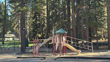 A playground with slides and swings, surrounded by tall trees.