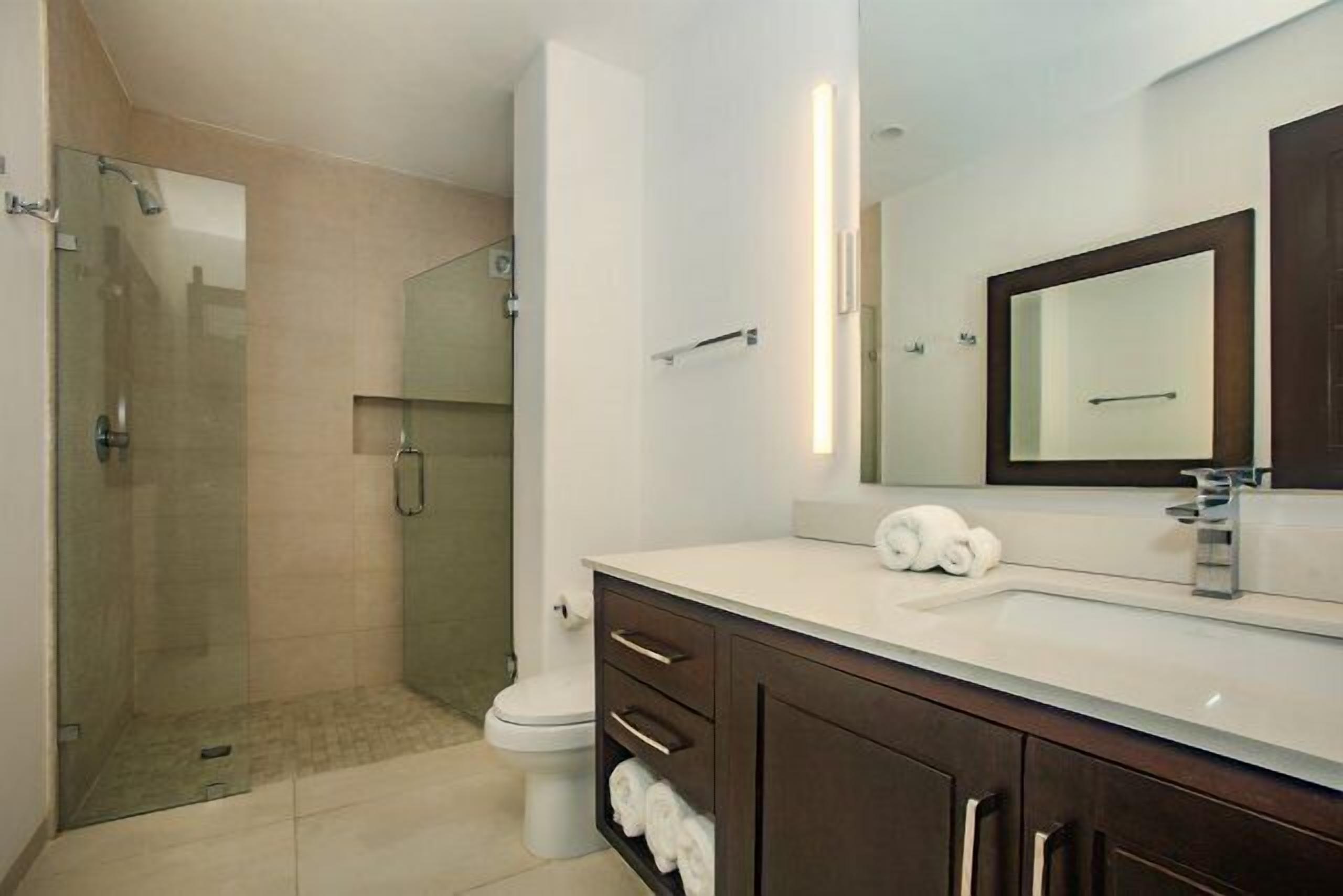 Une salle de bain moderne avec une douche à parois de verre, un lavabo blanc et un meuble-lavabo en bois foncé.