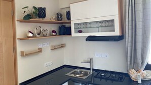 Une cuisine moderne avec un plan de travail noir, un évier en acier inoxydable et une cuisinière à gaz. Des étagères en bois sont fixées au-dessus du plan de travail et servent à exposer des objets décoratifs. On y trouve également une vitrine en verre contenant des verres à vin.