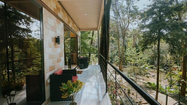 A modern balcony with a glass railing overlooking a forested area.