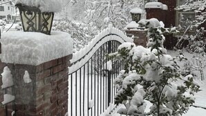 A snow-covered gate with a brick wall and a metal gate.