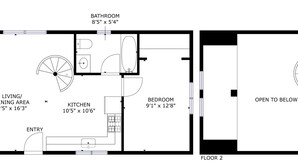Een plattegrond van een twee verdiepingen tellend huis met een woon-/eetruimte, keuken, badkamer en slaapkamer.