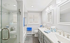 Shower, hair dryer, towels, soap - 
Rare beach find-Steps from Sand, 2 car gar, 3/2+loft, Ocean Views, Hot Tub, AC (Long Beach)