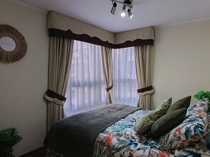 Una camera da letto con un letto, tende, uno specchio e una lampada a soffitto.