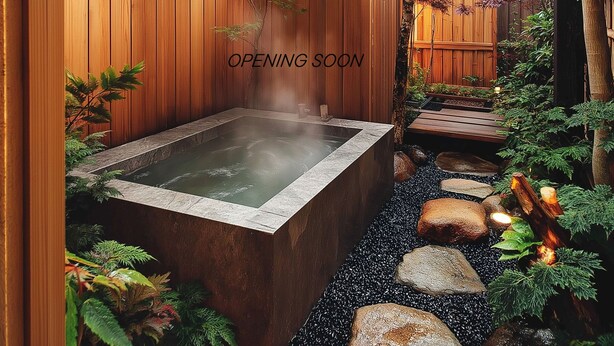 A hot tub in a wooden garden with a wooden fence, surrounded by plants and rocks.