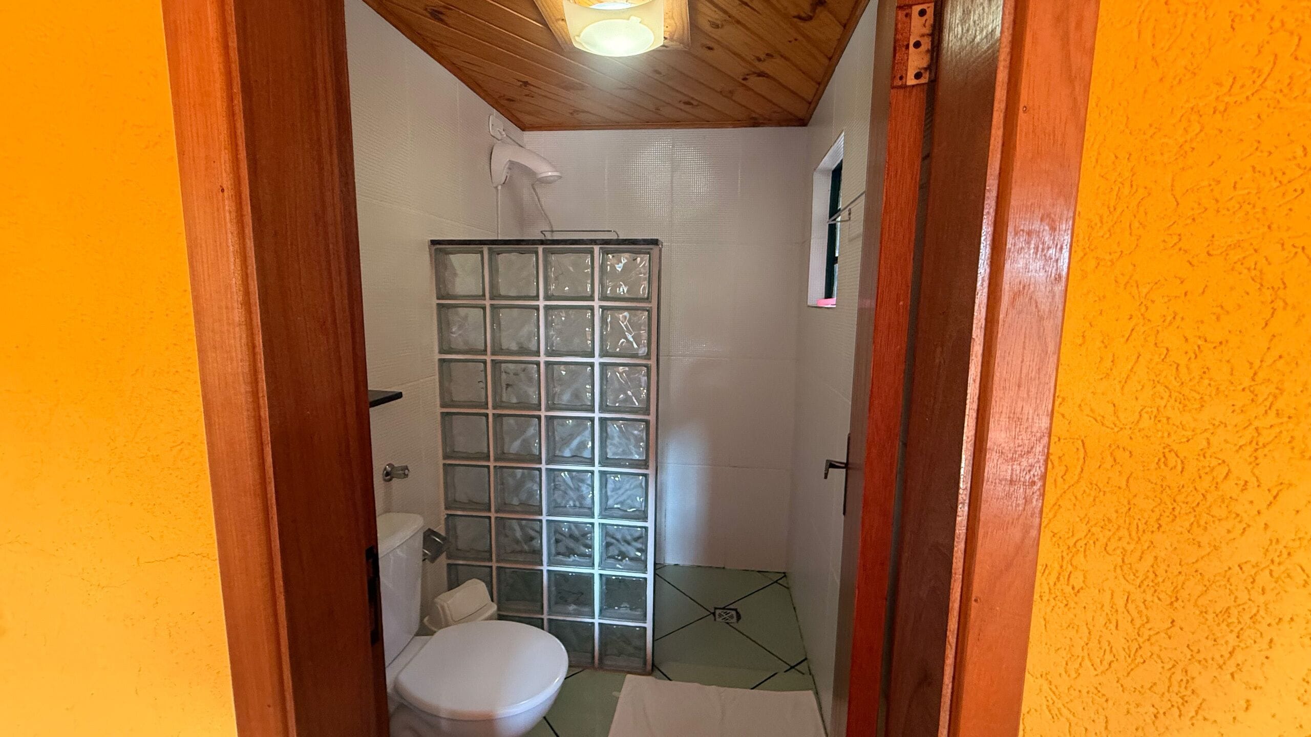 Un bagno piccolo con il water, una cabina doccia in vetro e un soffitto in legno.