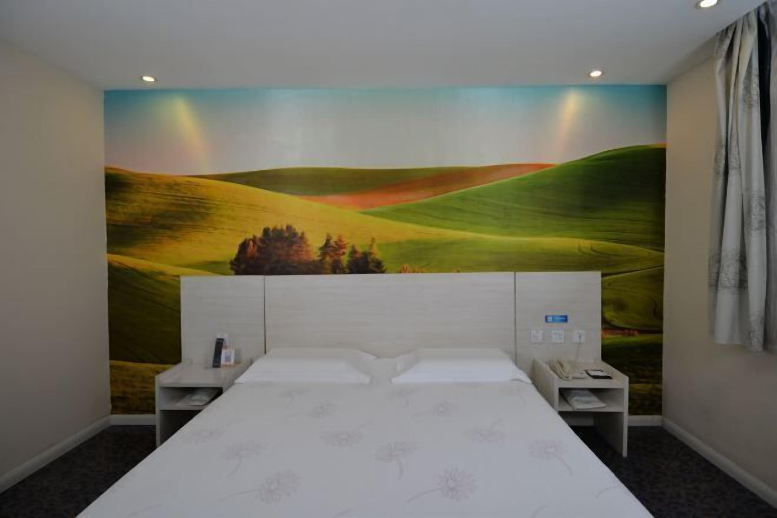 A bedroom with a large mural of rolling hills, a bed with a white headboard, two bedside tables, and a nightstand with a phone.