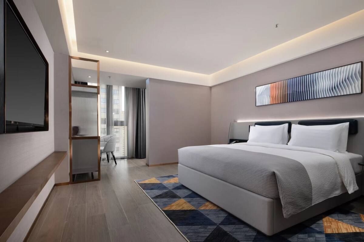 A modern hotel room with a large bed, a TV, and a view of the city.
