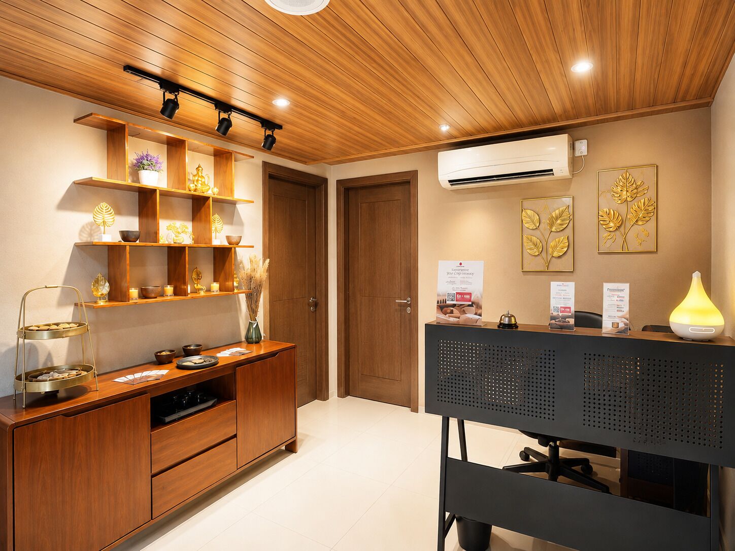 Un espace d’accueil avec un bureau en bois, des étagères ornées d’objets décoratifs, un climatiseur et des œuvres d’art mural.