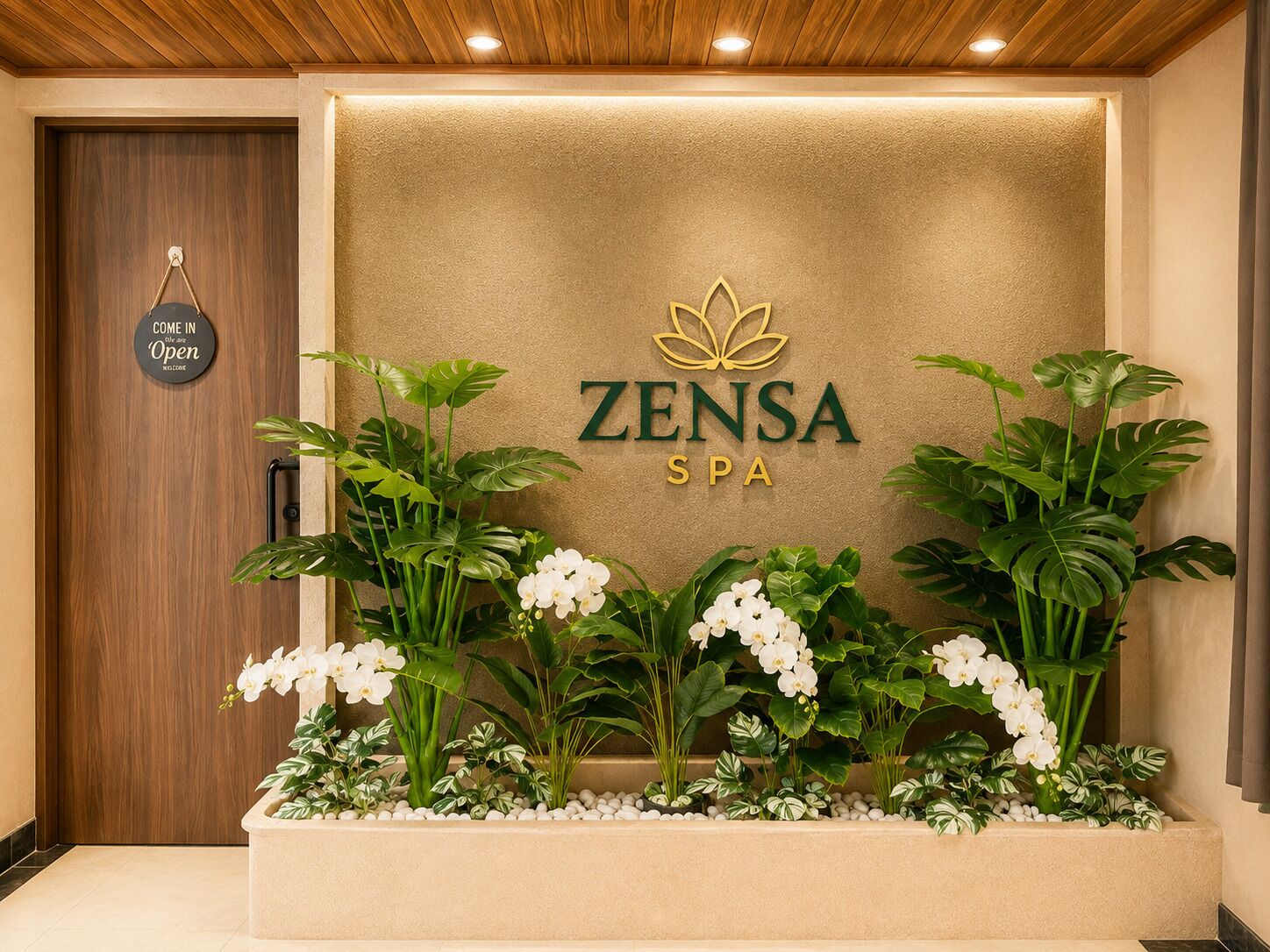 Een receptiegedeelte met een bord waarop 'ZENSA SPA' staat en een bord met de tekst 'KOM BINNEN We zijn open'.