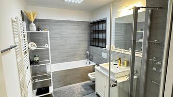 Hair dryer, towels, soap, toilet paper