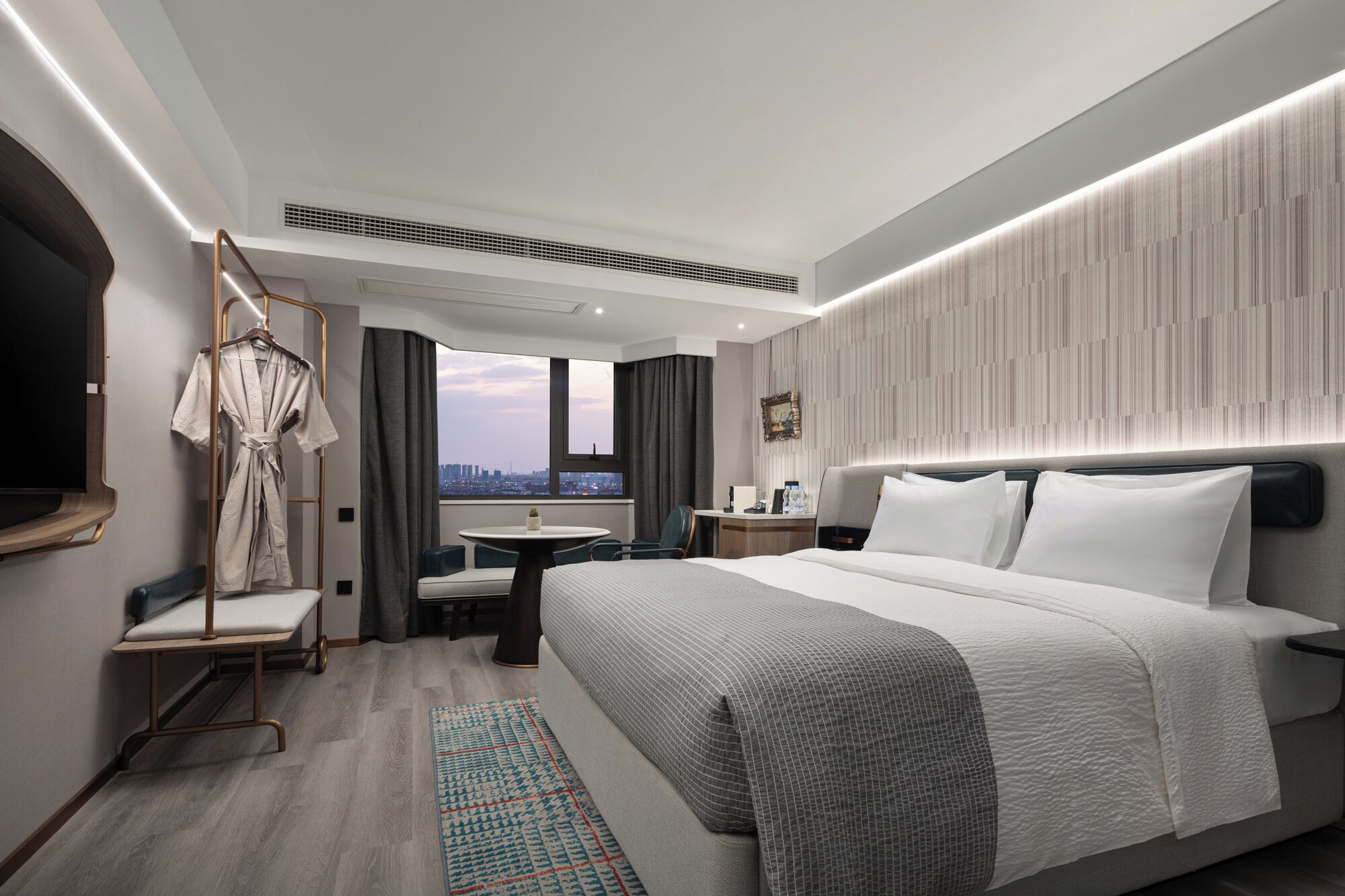 Premium bedding, down comforters, pillowtop beds, desk