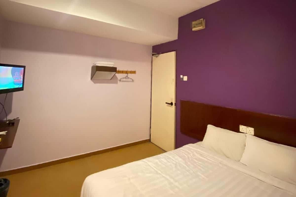Habitación de hotel con cama, televisor, perchero y puerta.