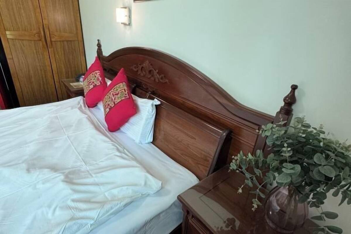 Un lit bien fait, avec une literie blanche et des oreillers rouges, une tête de lit en bois, une table de chevet ornée d’un vase de plantes vertes, et une armoire en bois à l’arrière-plan.