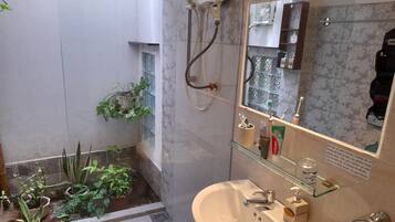 Shower, hair dryer, bidet, towels