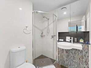 Hair dryer, towels, soap, toilet paper