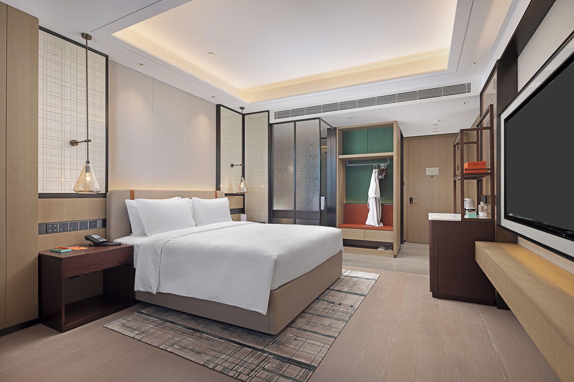 Premium bedding, down comforters, desk, laptop workspace