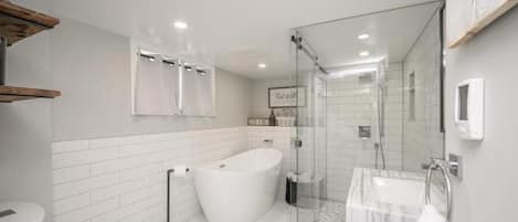 Hair dryer, bidet, towels, soap