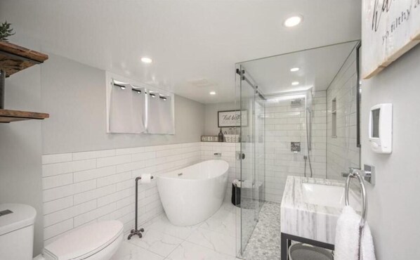 Hair dryer, bidet, towels, soap