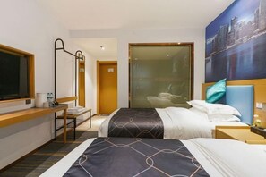 A hotel room with two beds, a desk, a chair, a large window, and a cityscape painting. - Chonpines Hotel (Shengyang Provincial Government, Changjiang North Street, Beilin) (Shenyang)