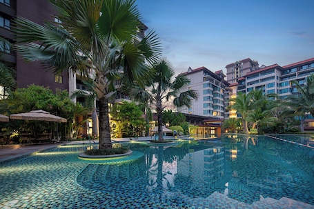 Outdoor pool, open 9:00 AM to 9:00 PM, pool umbrellas, sun loungers