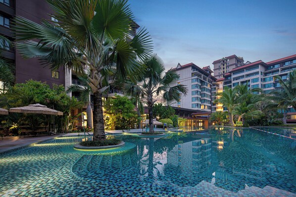 Outdoor pool, open 9:00 AM to 9:00 PM, pool umbrellas, sun loungers