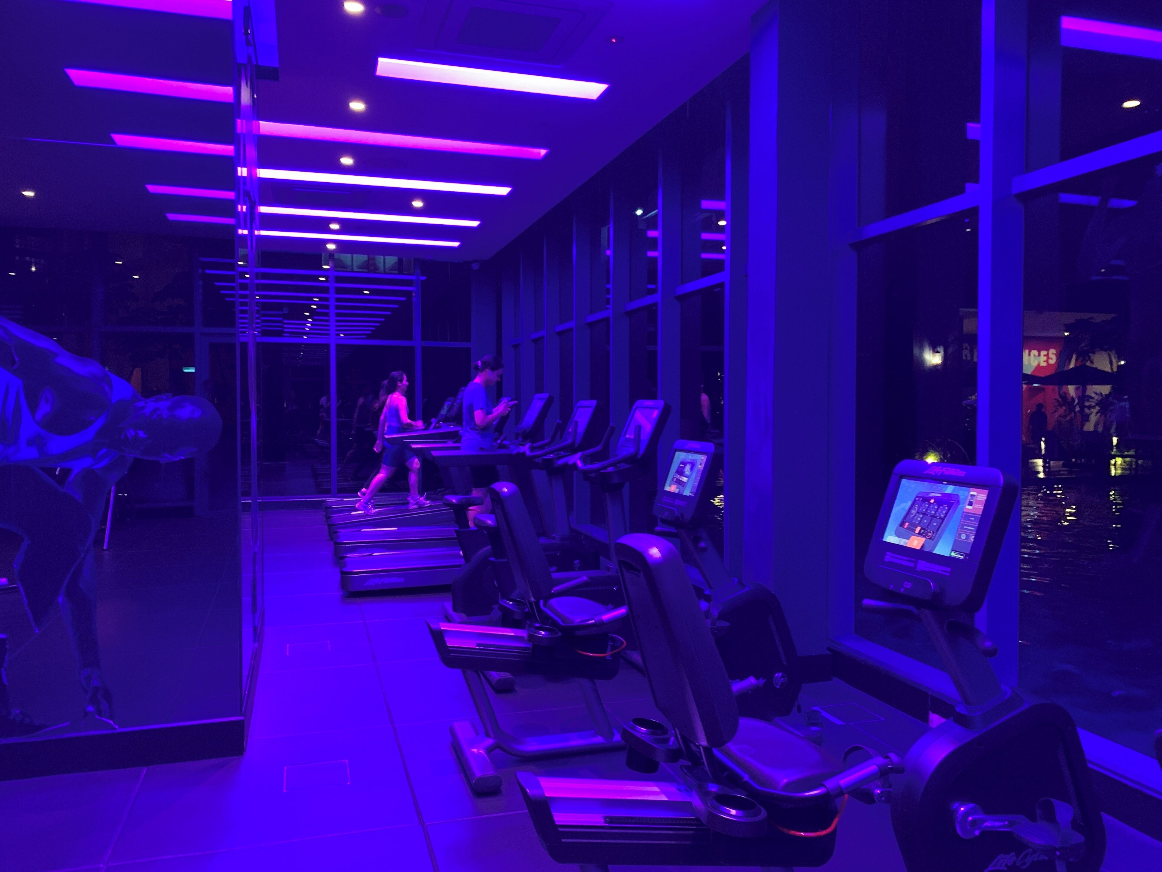 Ein Fitnessstudio mit Laufbändern und Trainingsgeräten, großen Fenstern und modernem Design.