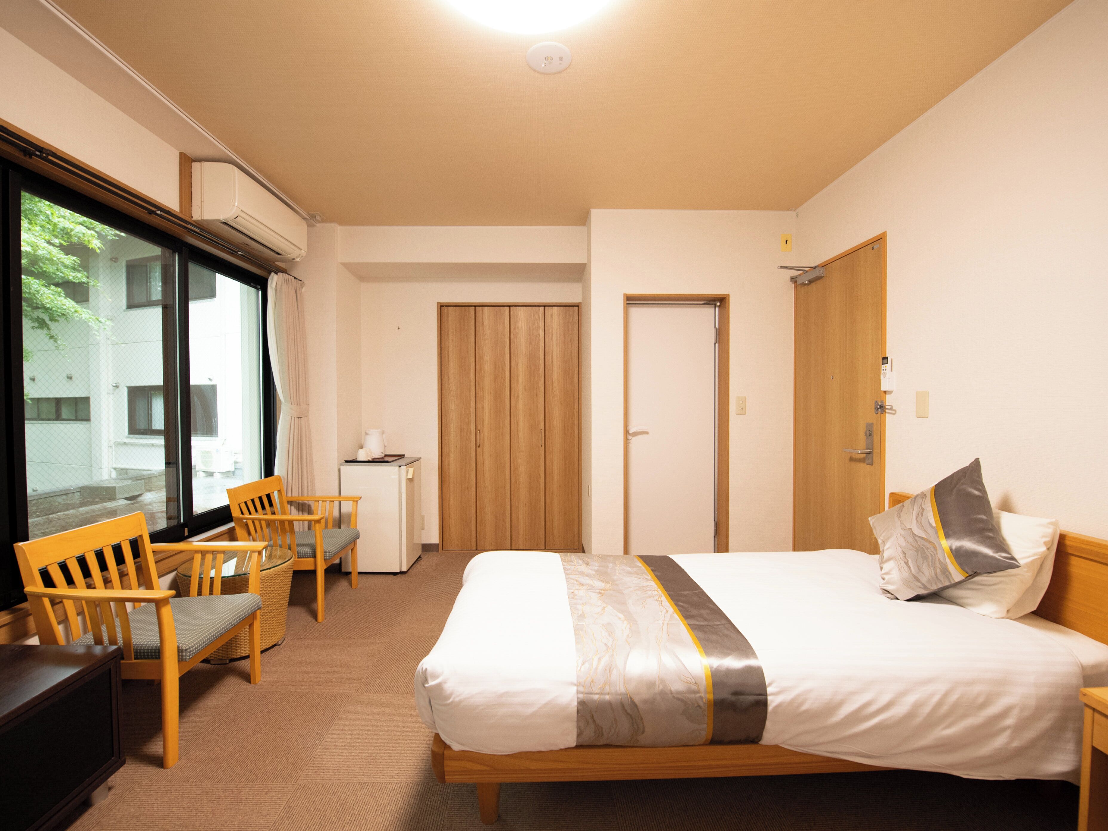 A hotel room with a bed, a desk, chairs, a wardrobe, and a view through a window.