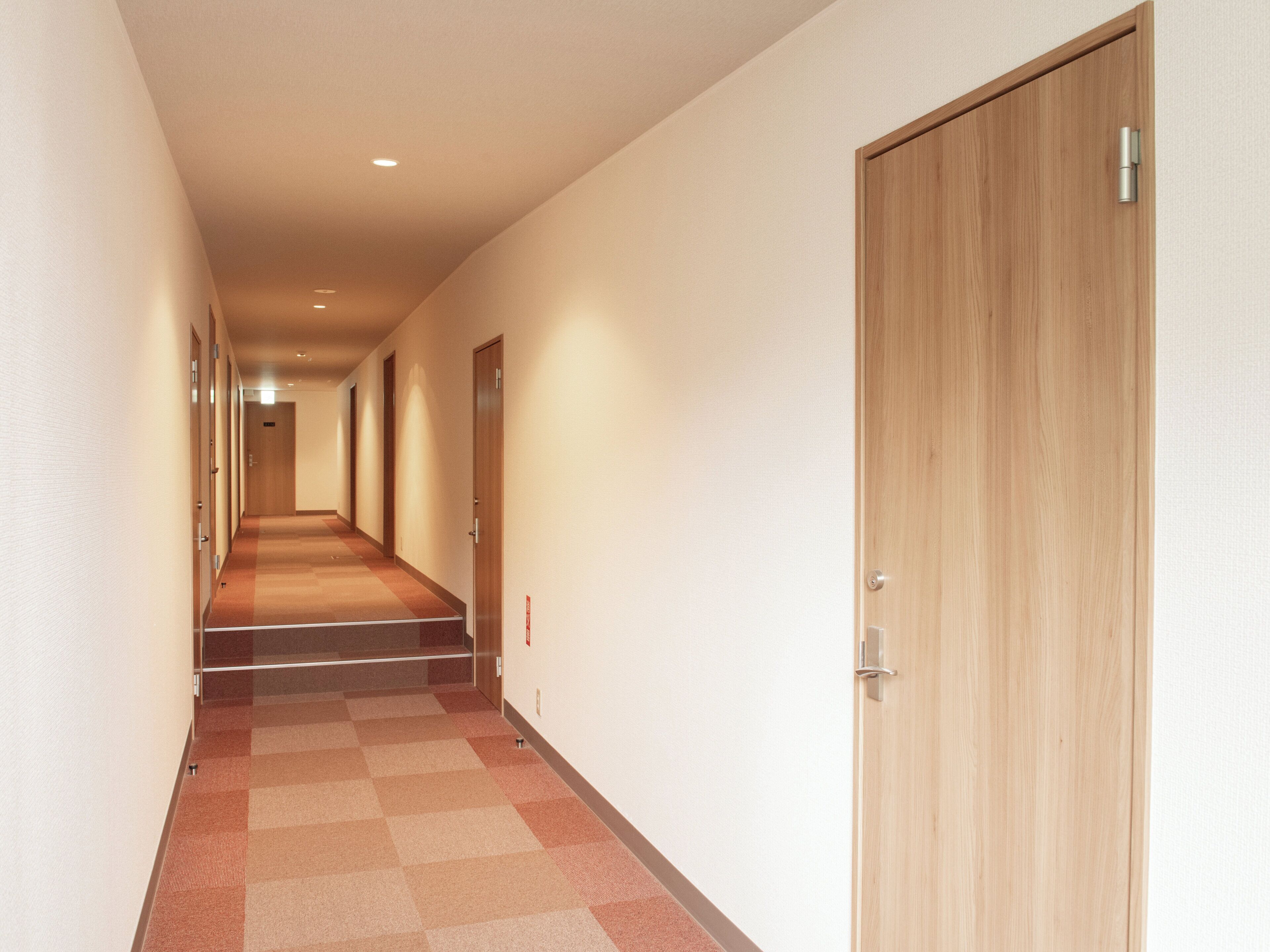 A hallway with carpeted floors, wooden doors, and recessed lighting.