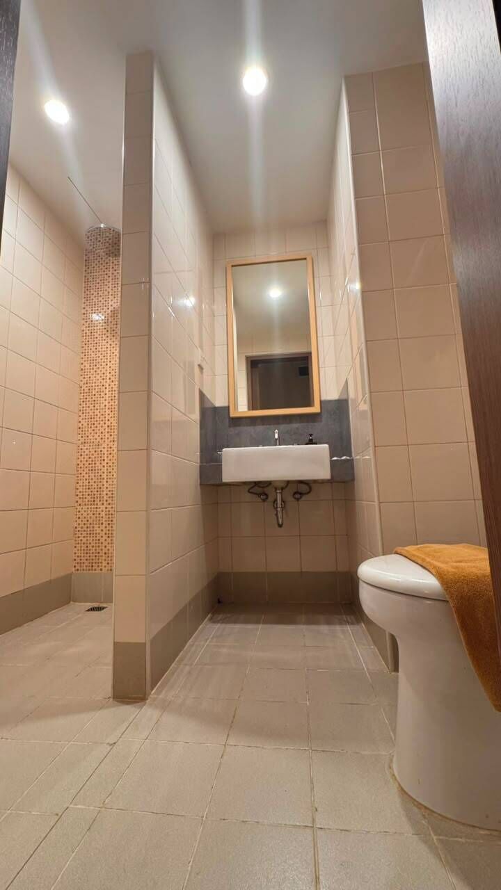 A bathroom with a toilet, sink, and mirror.
